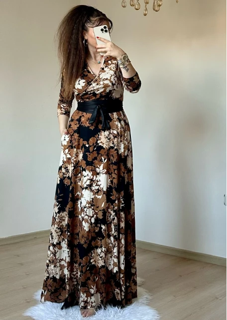 Tam Boy Kahve Çiçek Desen Elbise