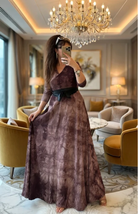 Tam Boy Kahve Dalga Desen Elbise