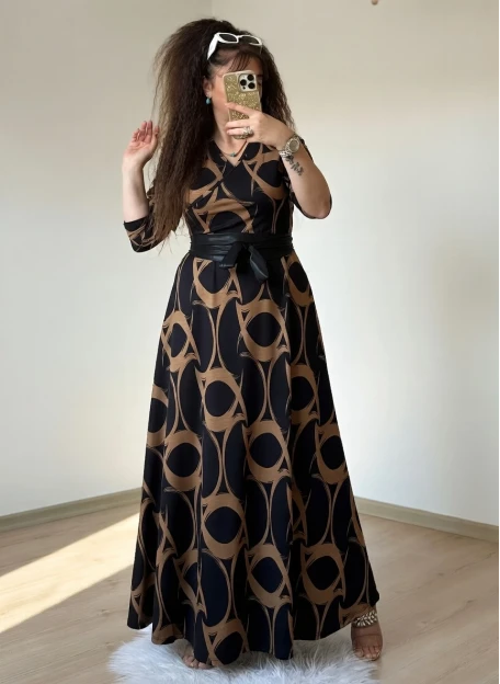 Tam Boy Kahve Desen Elbise