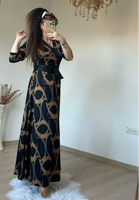 Tam Boy Kahve Desen Elbise