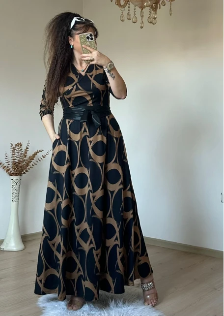 Tam Boy Kahve Desen Elbise