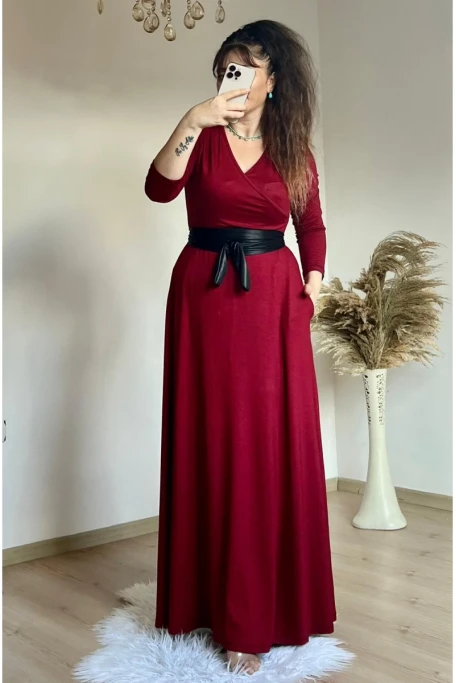 Tam Boy Kemerli Düz Elbise Bordo