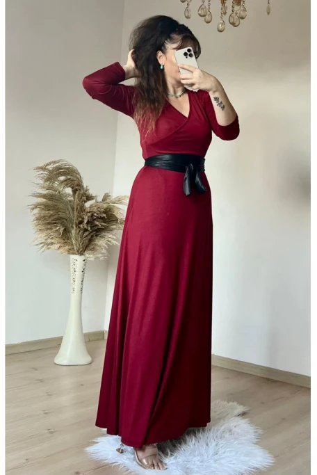 Tam Boy Kemerli Düz Elbise Bordo