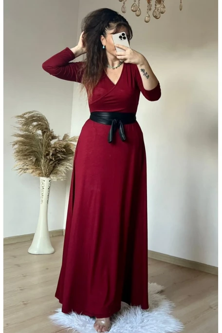 Tam Boy Kemerli Düz Elbise Bordo