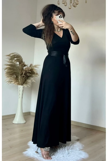 Tam Boy Kemerli Düz Elbise Siyah