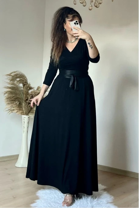 Tam Boy Kemerli Düz Elbise Siyah