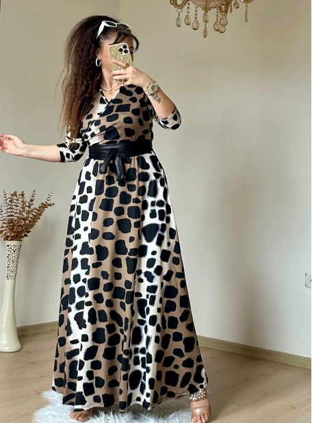 Tam Boy Koyu Leopar Elbise