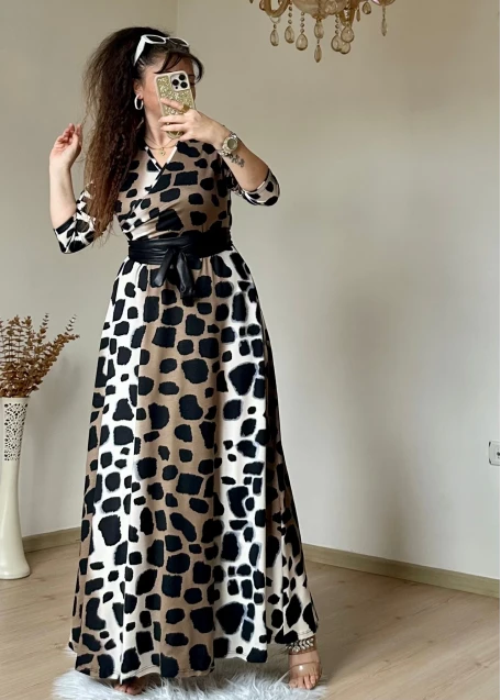 Tam Boy Koyu Leopar Elbise