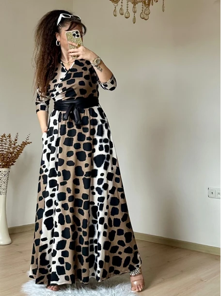 Tam Boy Koyu Leopar Elbise