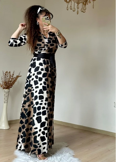 Tam Boy Koyu Leopar Elbise