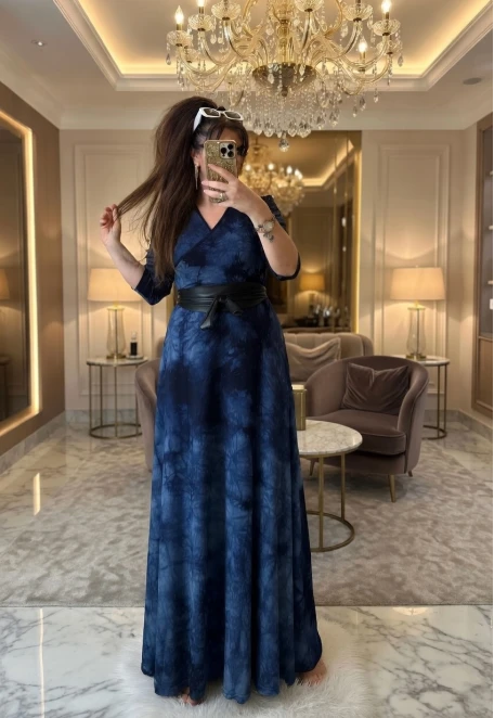 Tam Boy Lacivert Dalga Desen Elbise