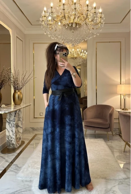 Tam Boy Lacivert Dalga Desen Elbise