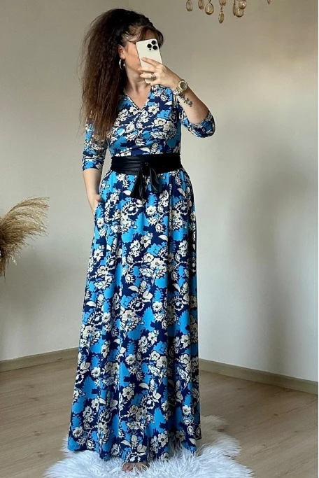 Tam Boy Mavi Çiçek Elbise