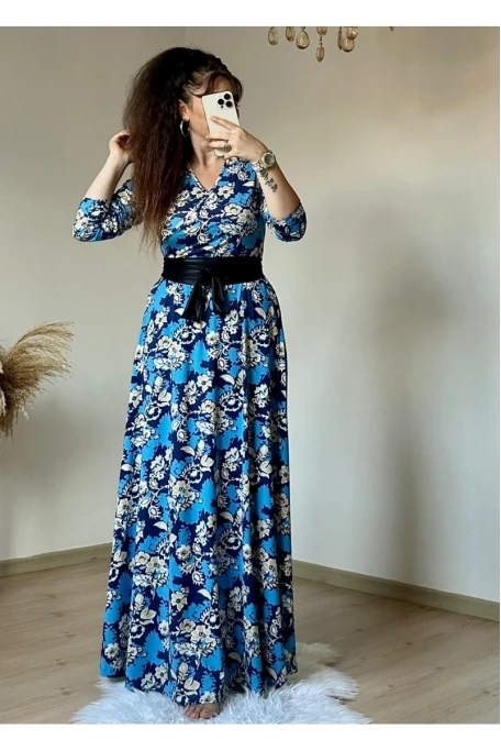 Tam Boy Mavi Çiçek Elbise