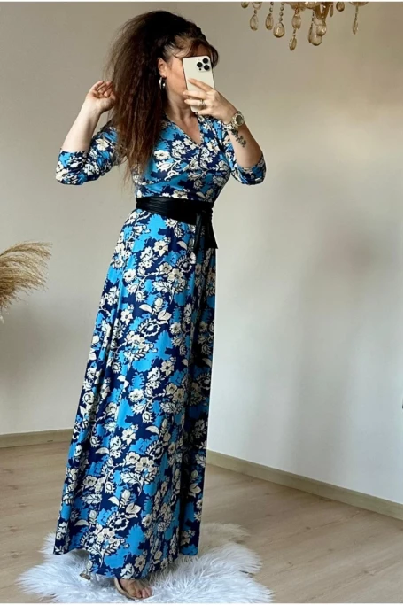 Tam Boy Mavi Çiçek Elbise