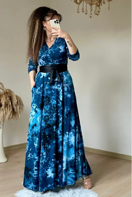 Tam Boy Mavi Desen Elbise