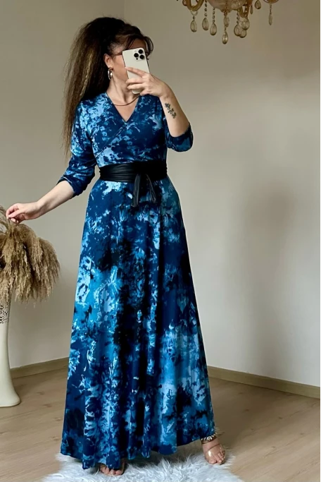 Tam Boy Mavi Desen Elbise