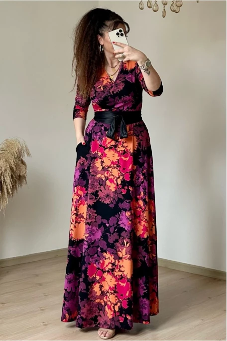 Tam Boy Mor Çiçek Elbise