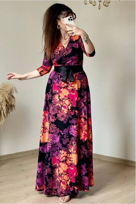 Tam Boy Mor Çiçek Elbise