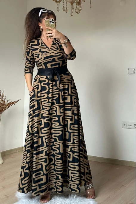 Tam boy Süet Kahve Geometrık Elbise