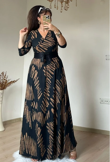 Tam boy Süet Kahve Zikzak Desen Elbise