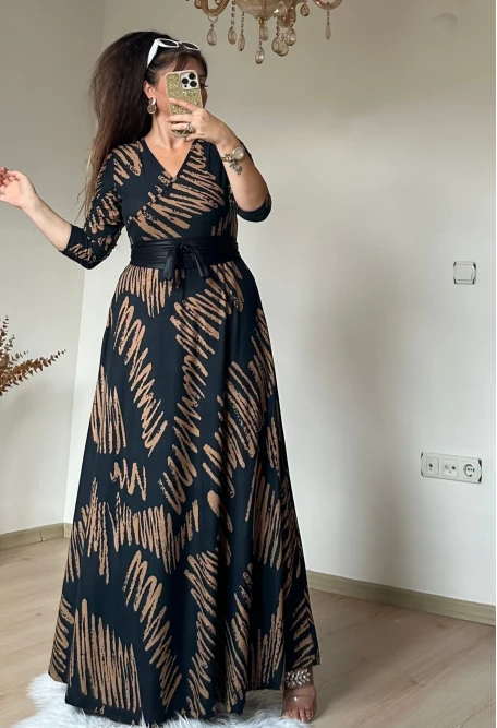 Tam boy Süet Kahve Zikzak Desen Elbise