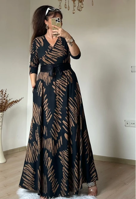 Tam boy Süet Kahve Zikzak Desen Elbise