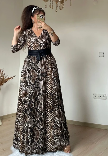 Tam boy Süet Yılan Derisi Desen Elbise