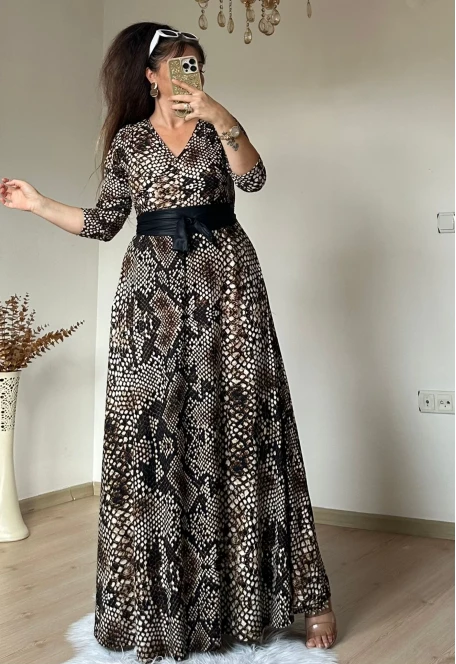 Tam boy Süet Yılan Derisi Desen Elbise