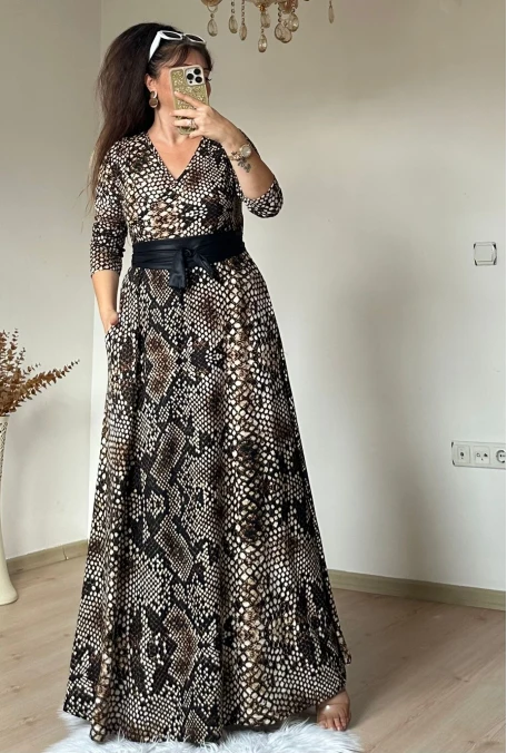 Tam boy Süet Yılan Derisi Desen Elbise