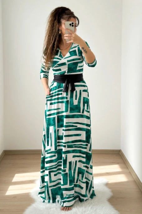 Tam Boy Turkuaz Geometrik Desen Elbise