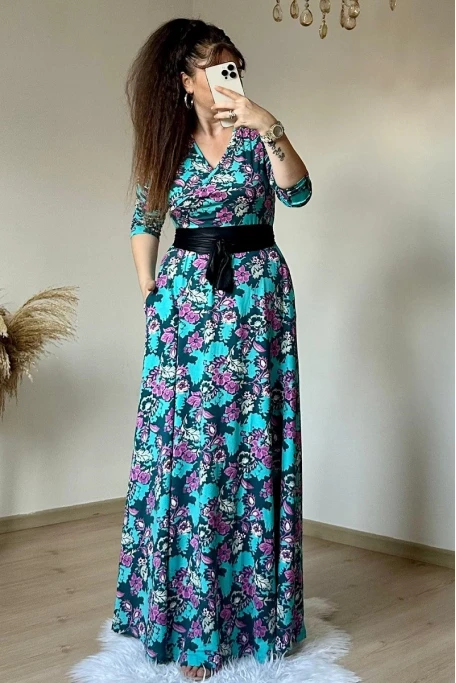 Tam Boy Yeşil Çiçek Elbise