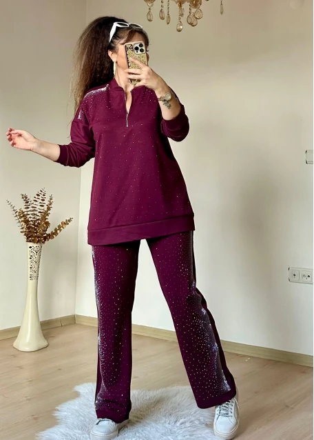 Tasarım Taşlı Takım Bordo