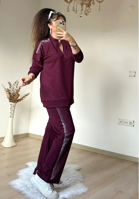 Tasarım Taşlı Takım Bordo