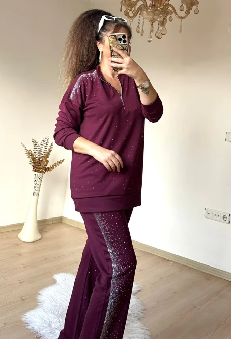 Tasarım Taşlı Takım Bordo