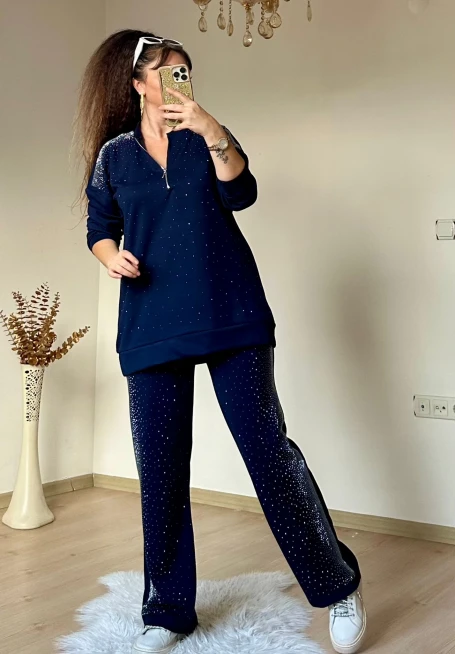 Tasarım Taşlı Takım Lacivert