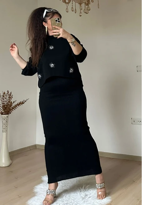 Taşlı Elbıse Bluz Triko Takım