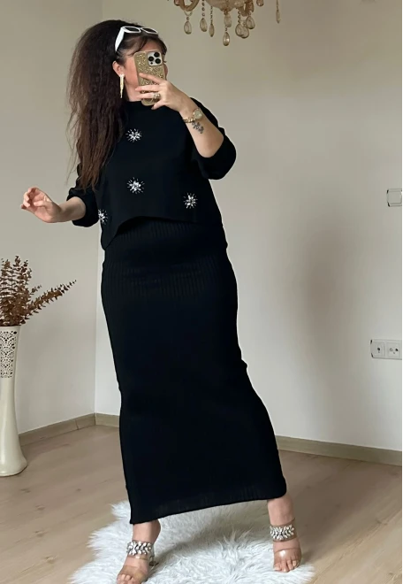 Taşlı Elbıse Bluz Triko Takım