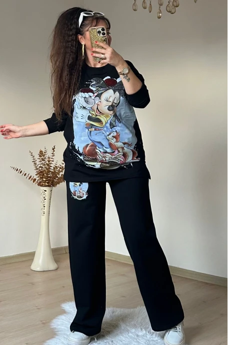 Taşlı Karakter Baskılı Siyah Takım