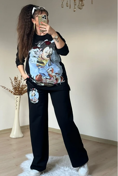 Taşlı Karakter Baskılı Siyah Takım