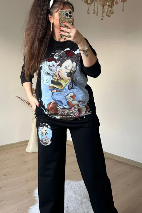 Taşlı Karakter Baskılı Siyah Takım