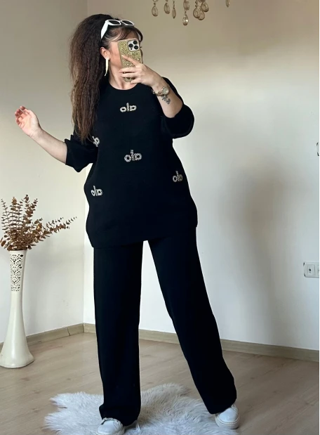 Taşlı Triko Takım Siyah