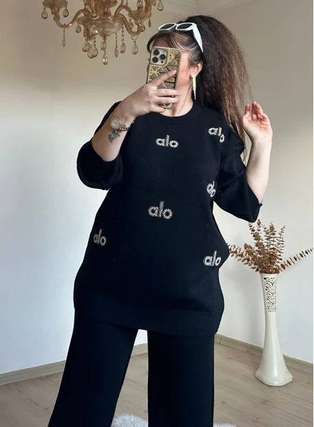 Taşlı Triko Takım Siyah