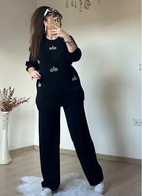 Taşlı Triko Takım Siyah