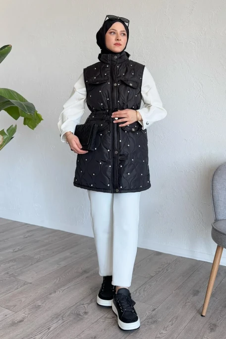 Cep Detay Büzgülü Kapitone Siyah Yelek