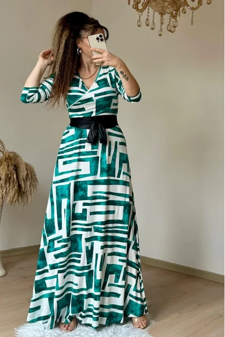 Tam Boy Turkuaz Geometrik Desen Elbise