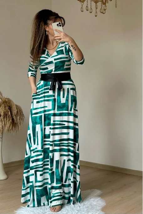 Tam Boy Turkuaz Geometrik Desen Elbise