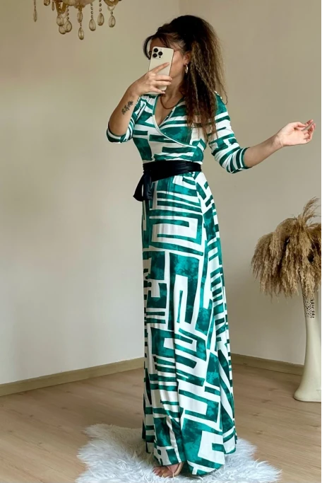 Tam Boy Turkuaz Geometrik Desen Elbise