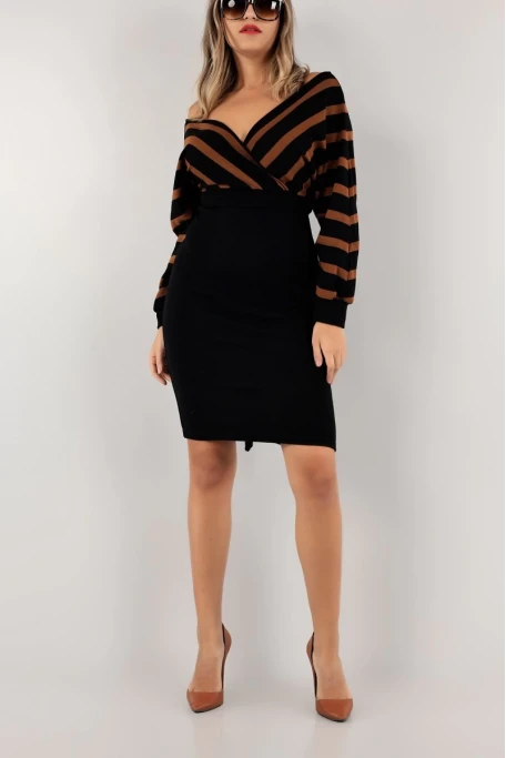 Üst Çizgili Alt Siyah Triko Elbise -KAHVE