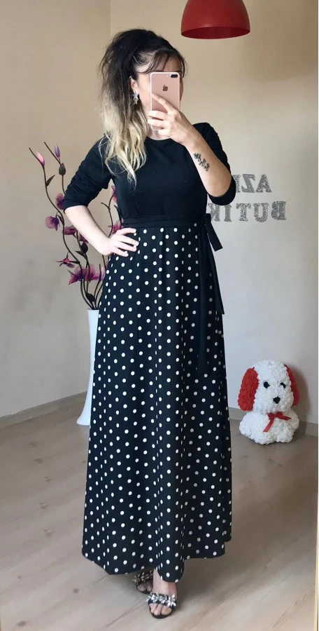 Üst Siyah Alt Puanlı Maxi Boy Penye Elbise